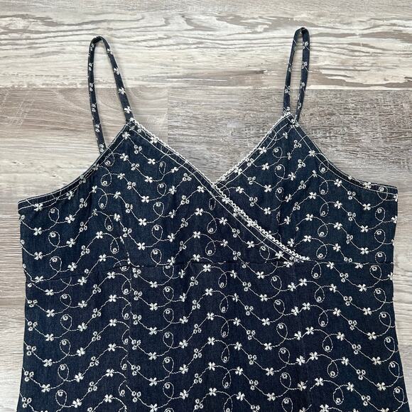 Vintage CAS Denim Slip Dress Floral Embroidered Mesh Y2K Fairycore - Picture 3 of 6